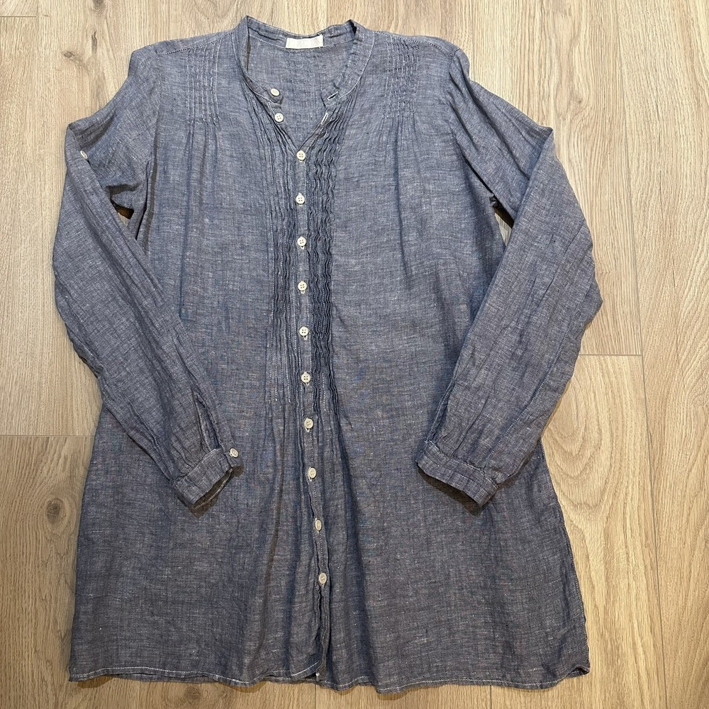 CP Shades Dress Womens Small Blue Linen Long Sleeve Tunic Shirt Made USA EUC